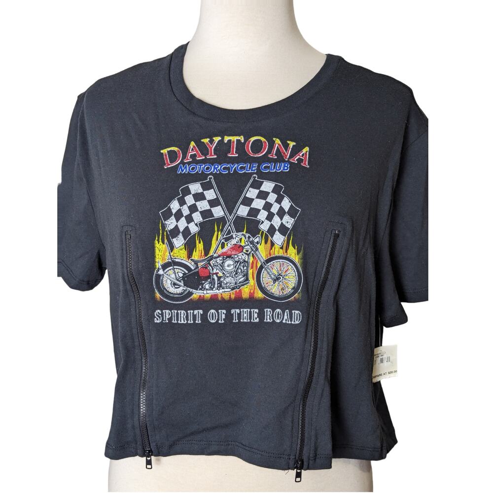 New Womens Daytona Motorcycle Club Cropped Printed Tee with Zippers Size XL